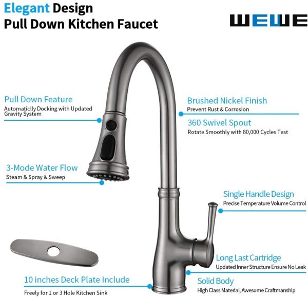 6 Kitchen Faucet WEWE Single Handle Stainless Steel Brushed Nickel Pull Down Kitchen Sink Faucet with Pull Out Sprayer 5