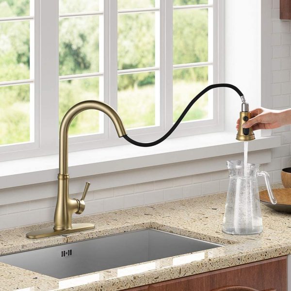 7 Brushed Gold Copper Single Handle 1 Hole Pull Down Kitchen Faucet Champagne BronzeWEWE 2