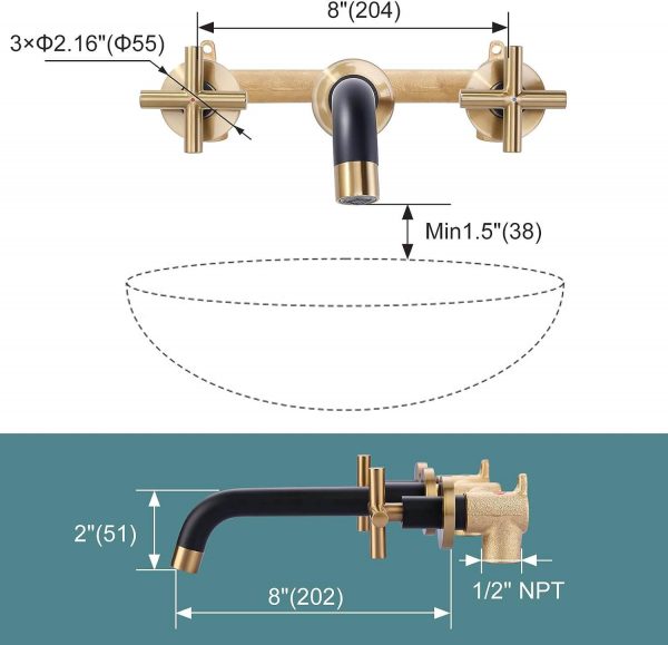 Black and Gold Wall Mounted Bathroom Sink Faucet 3