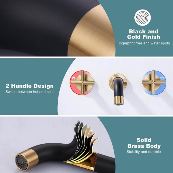 Black and Gold Wall Mounted Bathroom Sink Faucet 4