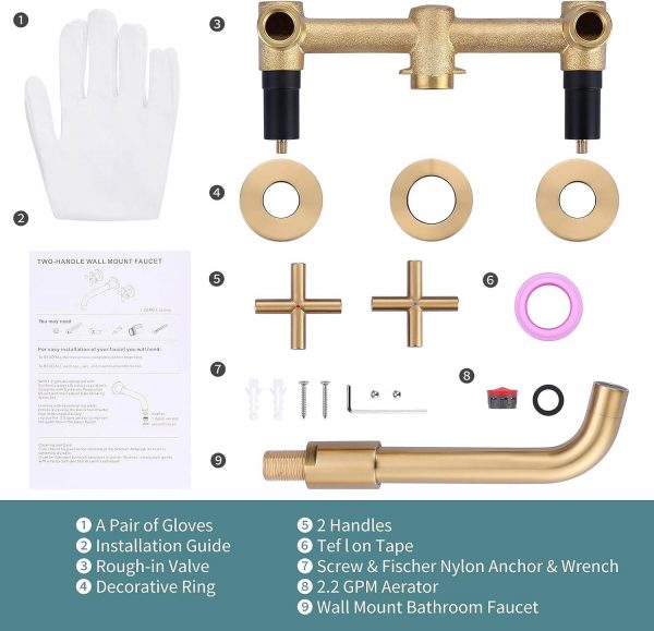 Black and Gold Wall Mounted Bathroom Sink Faucet 6