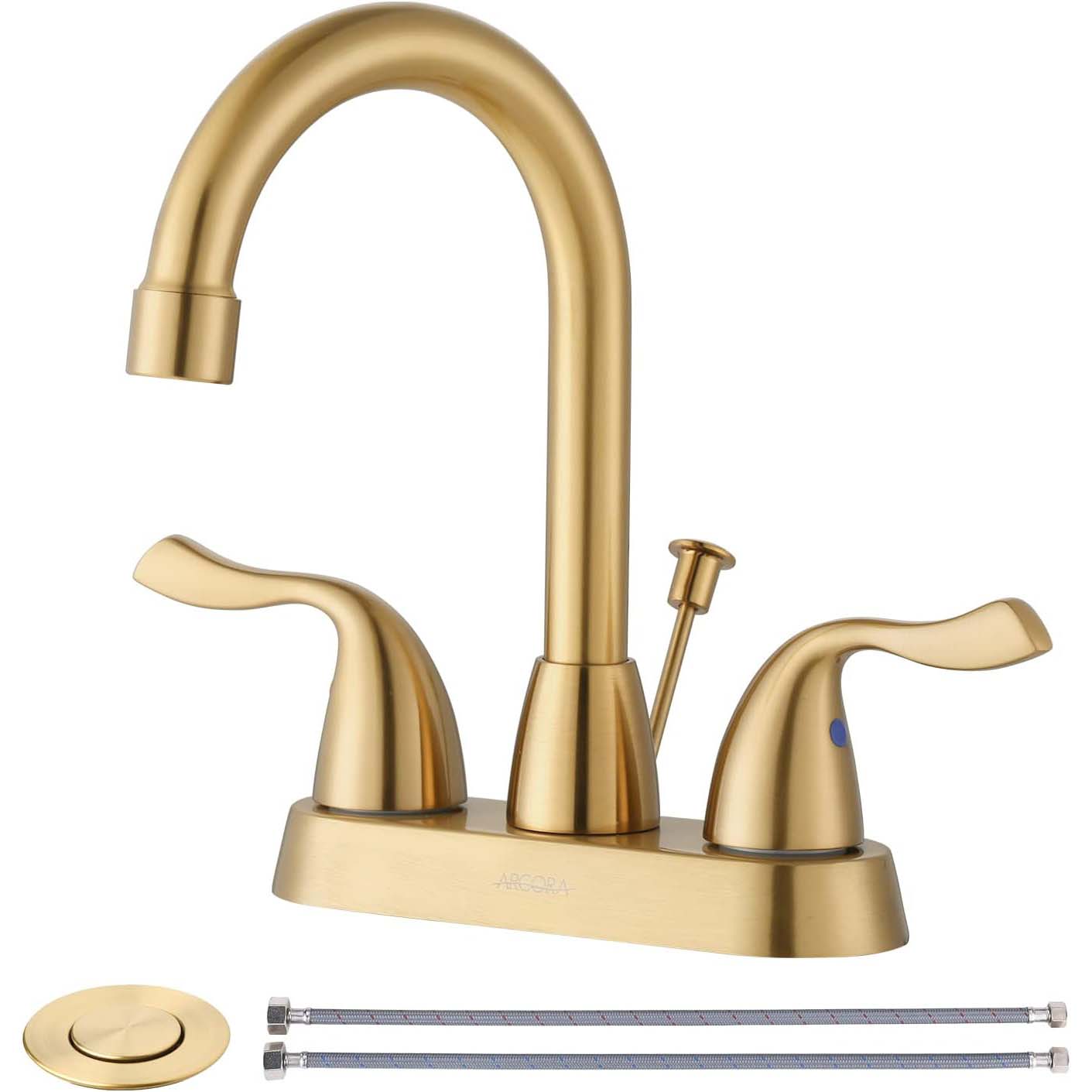 2 Handle Brushed Gold Centerset Bathroom Faucet with Drain Assembly and Supply Hoses