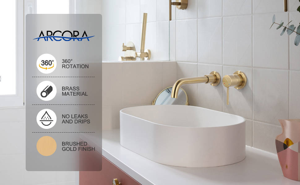 arcora single handle brushed gold wall mounted bathroom sink faucet 2 1
