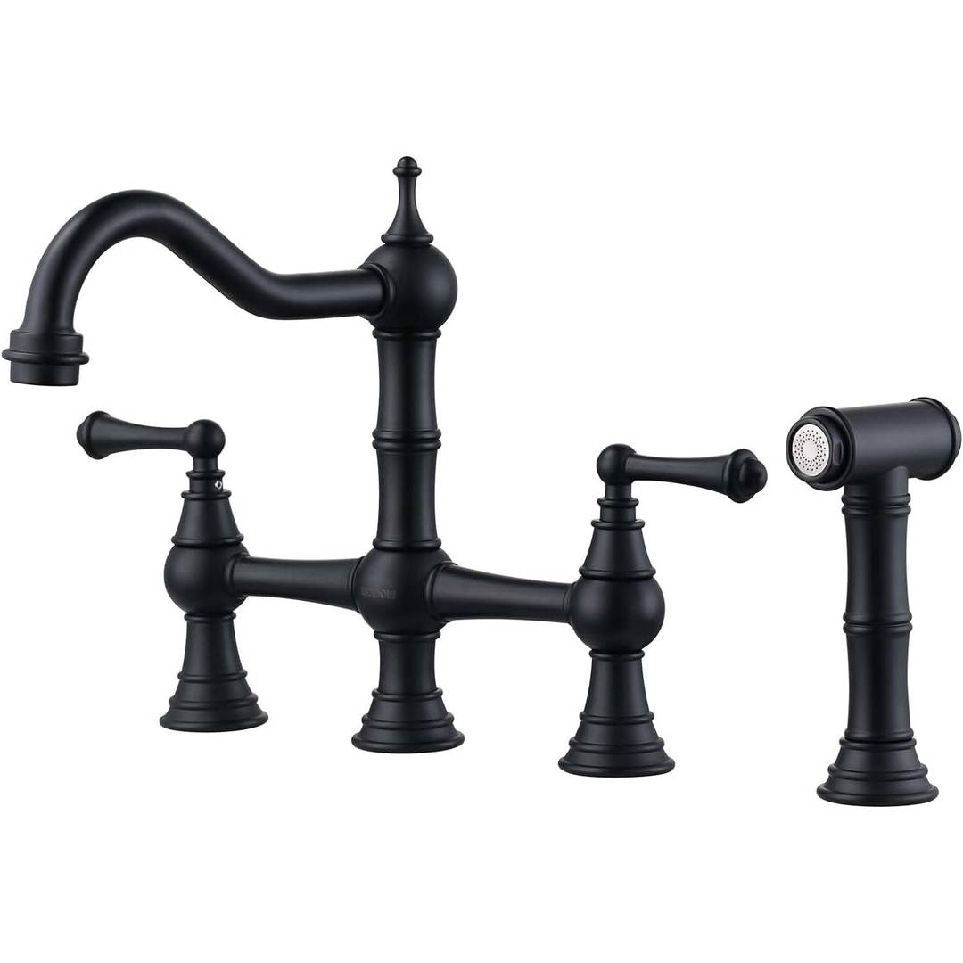 Black 4 Hole Centerset Bridge Vintage Farmhouse Kitchen Sink Faucets with Side Sprayer