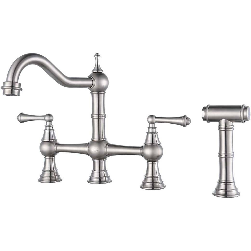 2-Handle Bridge Kitchen Faucet With Side Sprayer, 8 Inch Centerset Rustic Kitchen Faucet