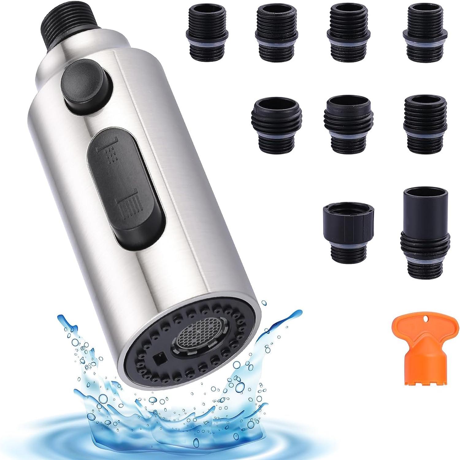 Pull Down Faucet Sprayer Head Replacement, Function Pull Out Spray Head Nozzle with 9 Adapters Brushed Nickel