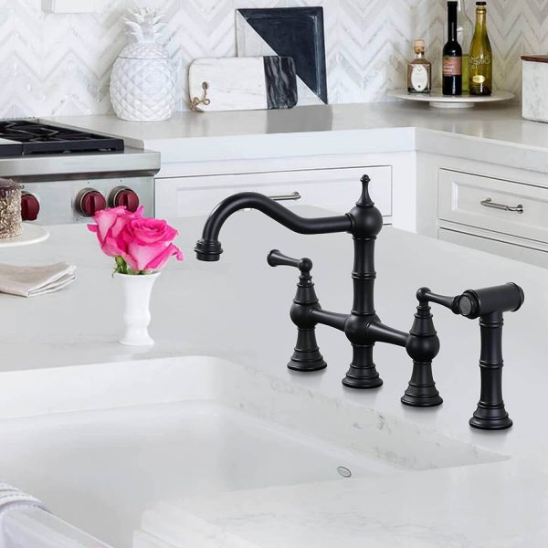 wowow black 4 hole centerset bridge vintage farmhouse kitchen sink faucets with side sprayer 1 1