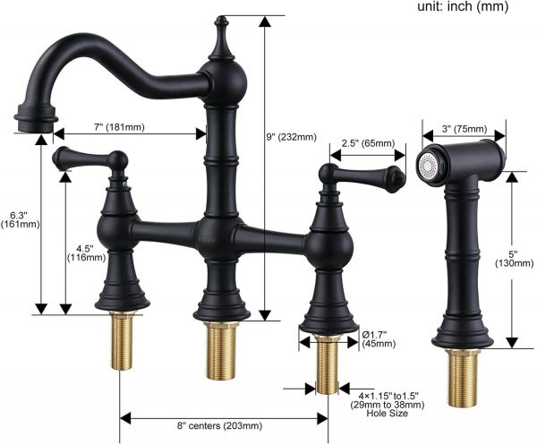 wowow black 4 hole centerset bridge vintage farmhouse kitchen sink faucets with side sprayer 2