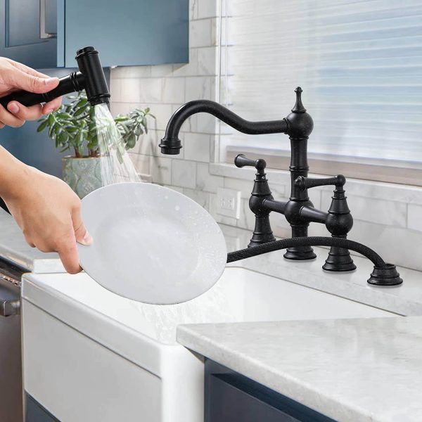 wowow black 4 hole centerset bridge vintage farmhouse kitchen sink faucets with side sprayer 4