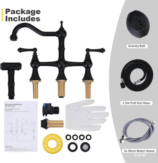 wowow black 4 hole centerset bridge vintage farmhouse kitchen sink faucets with side sprayer 5