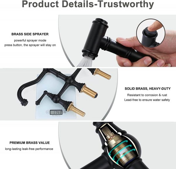 wowow black 4 hole centerset bridge vintage farmhouse kitchen sink faucets with side sprayer 6