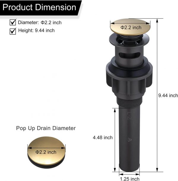 wowow brushed gold bathroom pop up assembly drain stopper for bathroom sink and rv sink with overflow 2