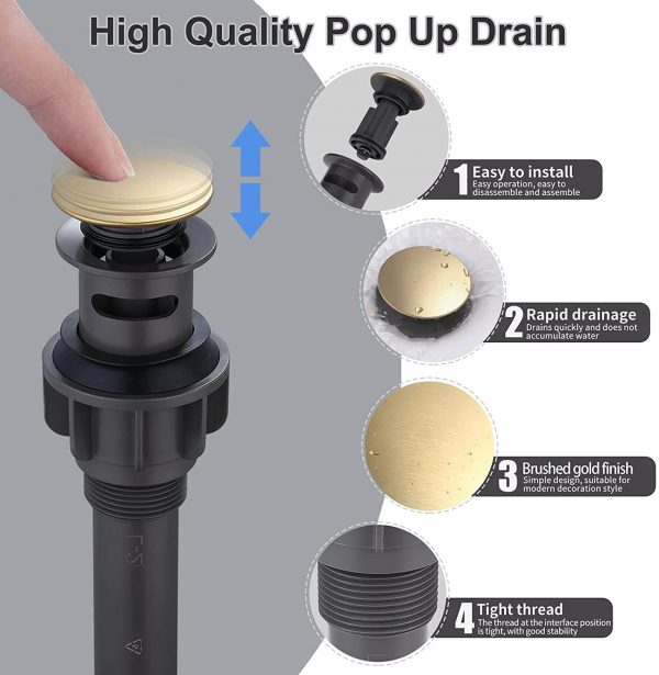 wowow brushed gold bathroom pop up assembly drain stopper for bathroom sink and rv sink with overflow 3
