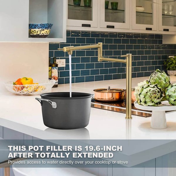 wowow brushed gold deck mount pot filler faucet over stove 1