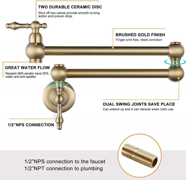 wowow brushed gold pot filler wall mount folding faucet over stove 2