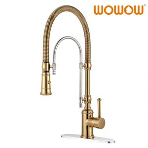 WOWOW Gold&Chrome Solid Brass Pre Rinse Faucet with Dual Mode Pull Down Sprayer
