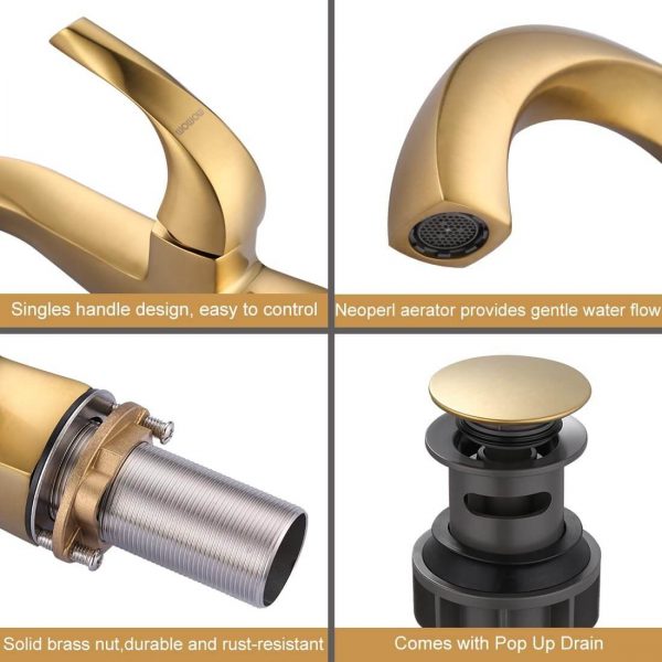 wowow single handle high arc brushed gold bathroom faucet 7