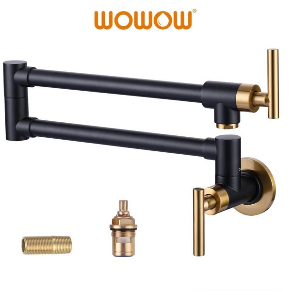 wowow wall mounted black and gold pot filler faucet over stove 1