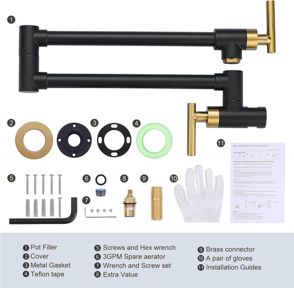 wowow wall mounted black and gold pot filler faucet over stove 4