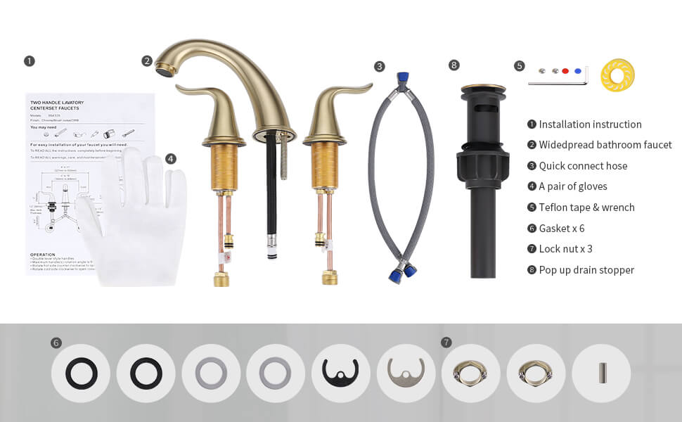 wowow widespread brushed gold bathroom sink faucet with pop up drain and supply hose 1 1