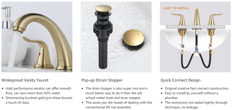 wowow widespread brushed gold bathroom sink faucet with pop up drain and supply hose 1