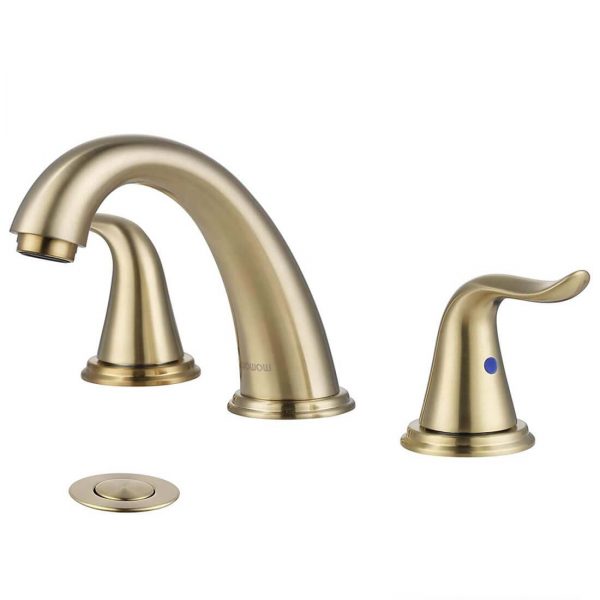 wowow widespread brushed gold bathroom sink faucet with pop up drain and supply hose 3